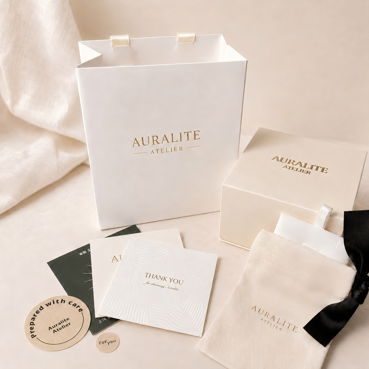 Auralite Atelier packaging including a white gift bag, box, and branded items on a light background.