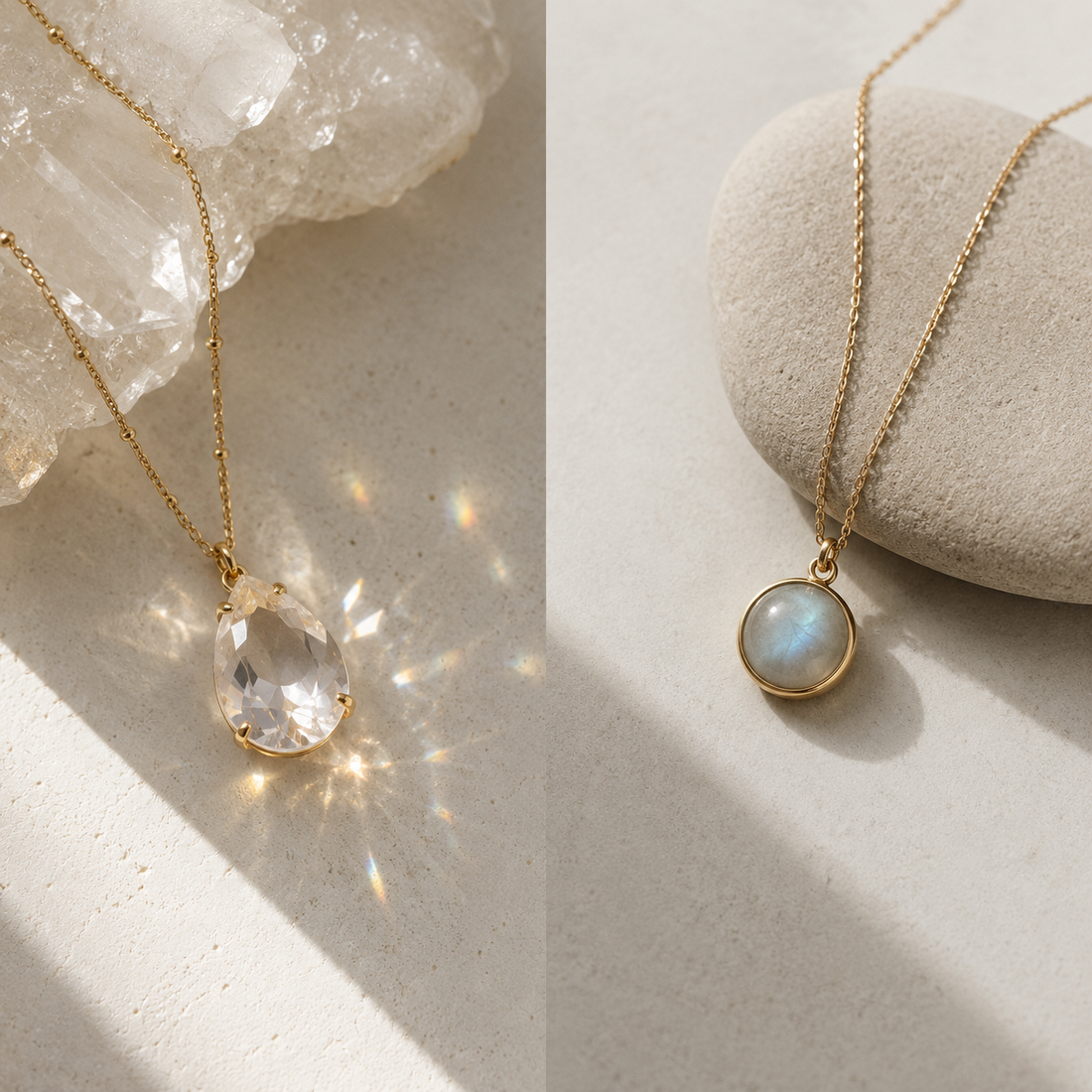 Two natural stone necklaces shown side by side in soft light, comparing crystal jewelry and grounding jewelry in a minimal neutral setting.