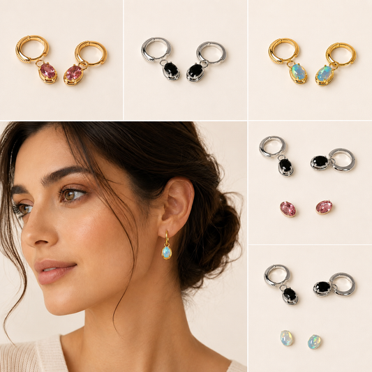A collage showing four pairs of small hoop-and-drop earrings in different metal finishes and gemstone colors, plus a woman wearing one light blue teardrop earring. The earrings appear to be the product, with the model serving as a lifestyle inset within a clean product-focused layout.