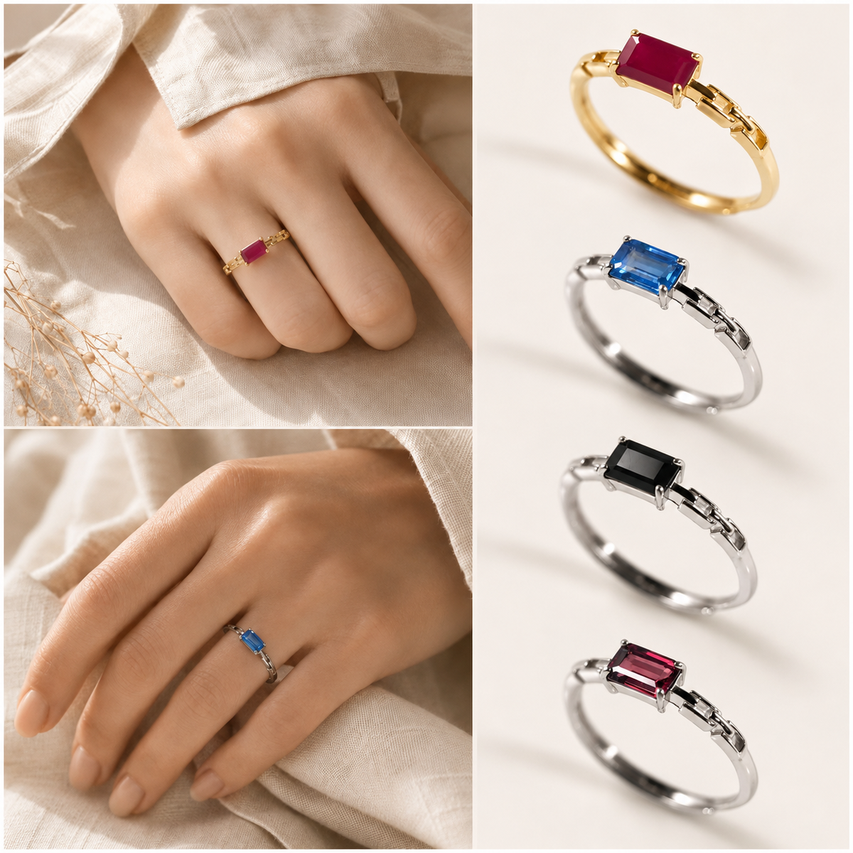 Four rings with rectangular gemstones are shown, including two worn on hands and two isolated on a light background. The rings feature gold and silver metal settings with square-cut colored stones.