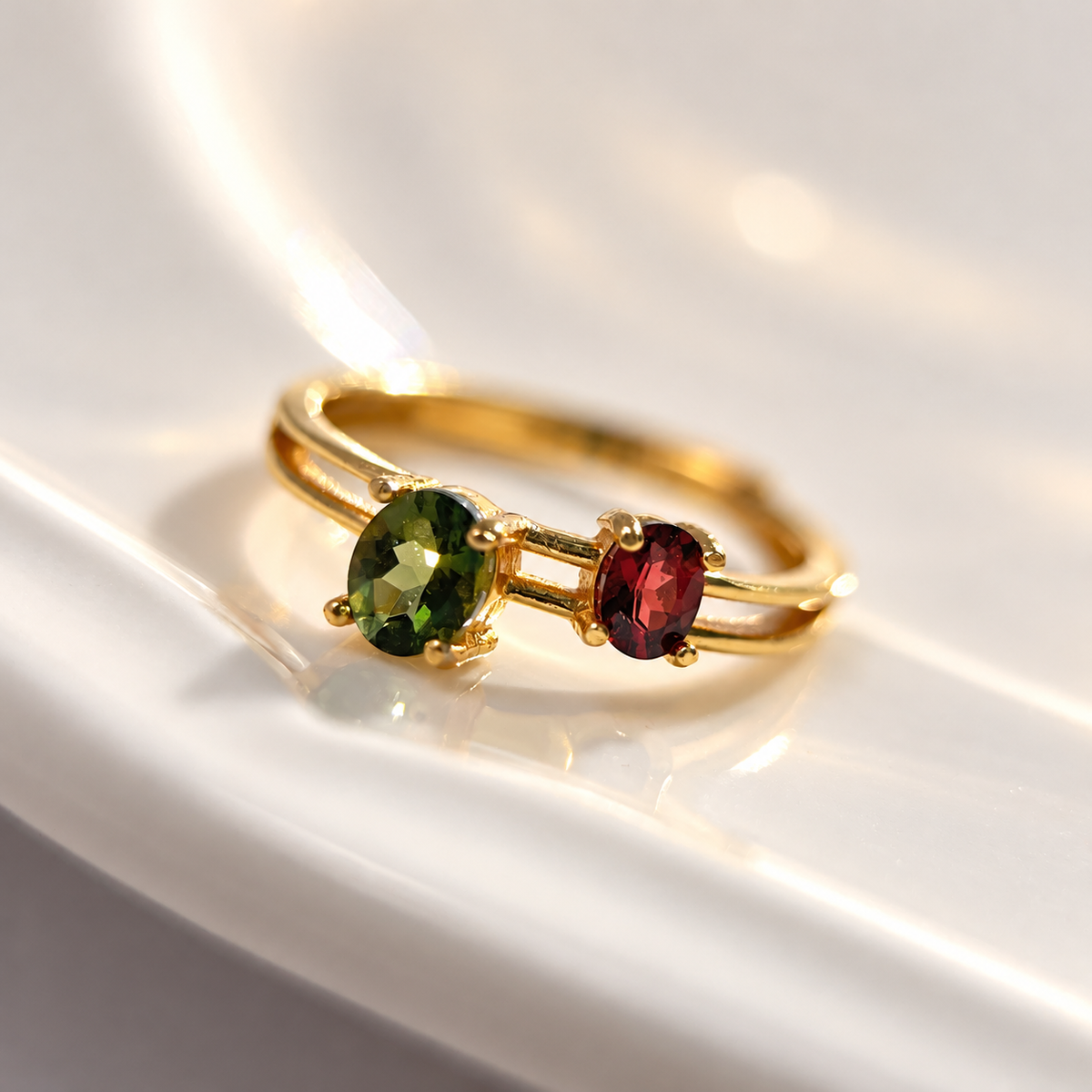 Olive & Wine · Green Tourmaline & Garnet Ring