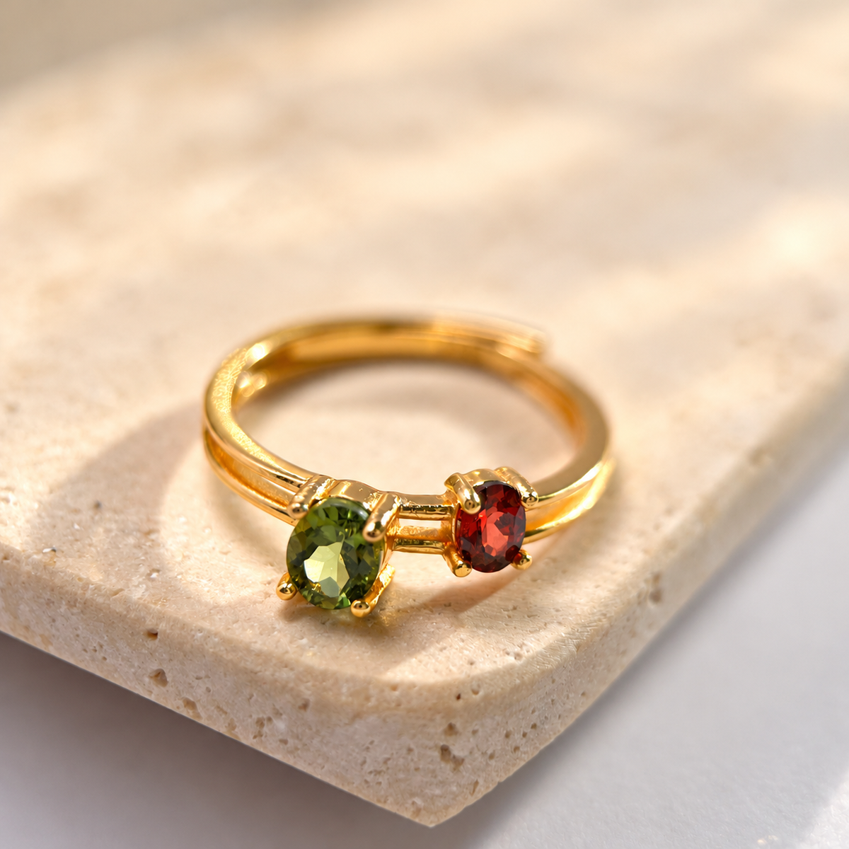 Olive & Wine · Green Tourmaline & Garnet Ring