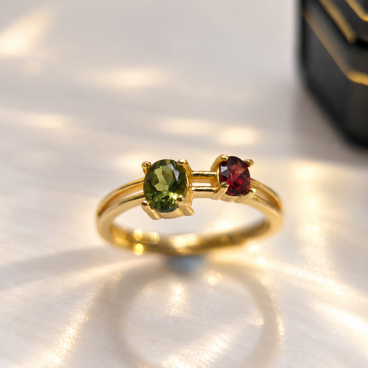 Olive & Wine · Green Tourmaline & Garnet Ring
