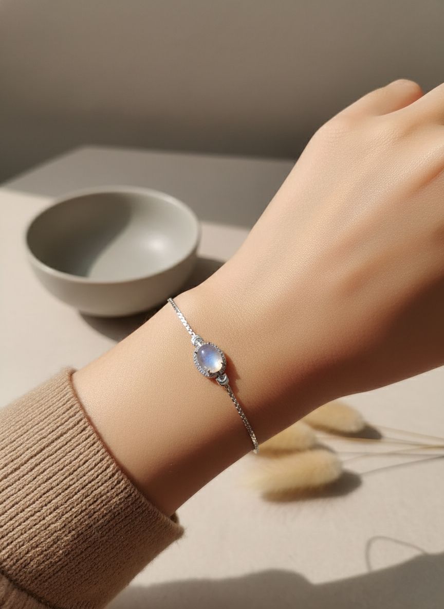 Moonstone Silver Bracelet worn on hand