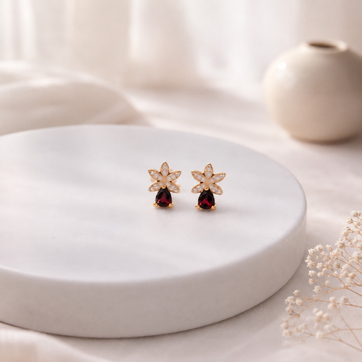Petal Spark · Red Garnet Stud Earrings