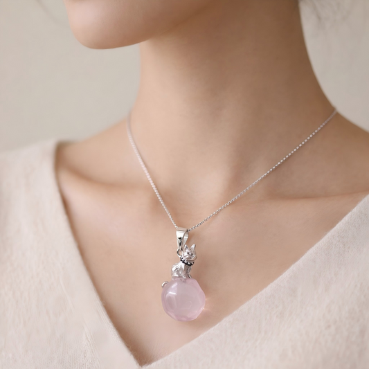 Rose Quartz pendant necklace worn on neck2