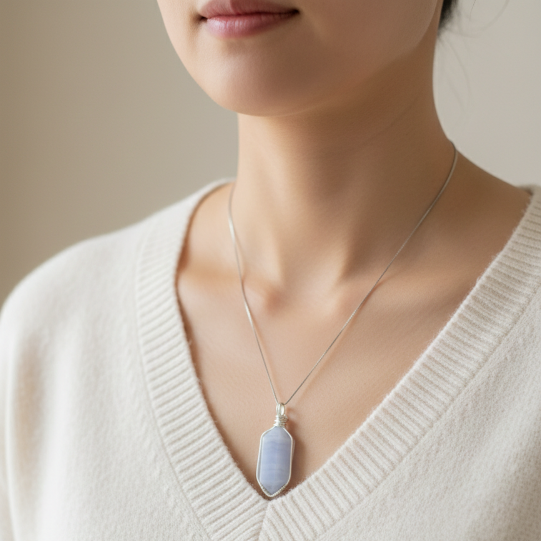 blue lace agate necklace worn on neck1