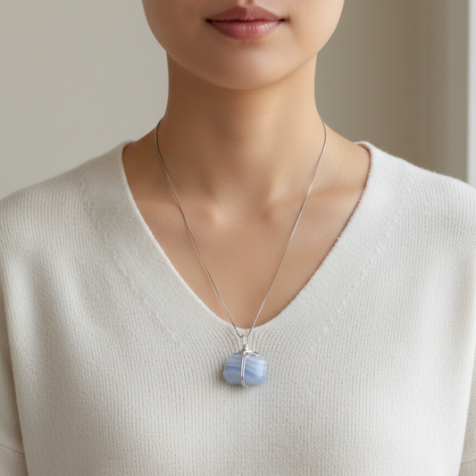 blue lace agate necklace worn on neck2
