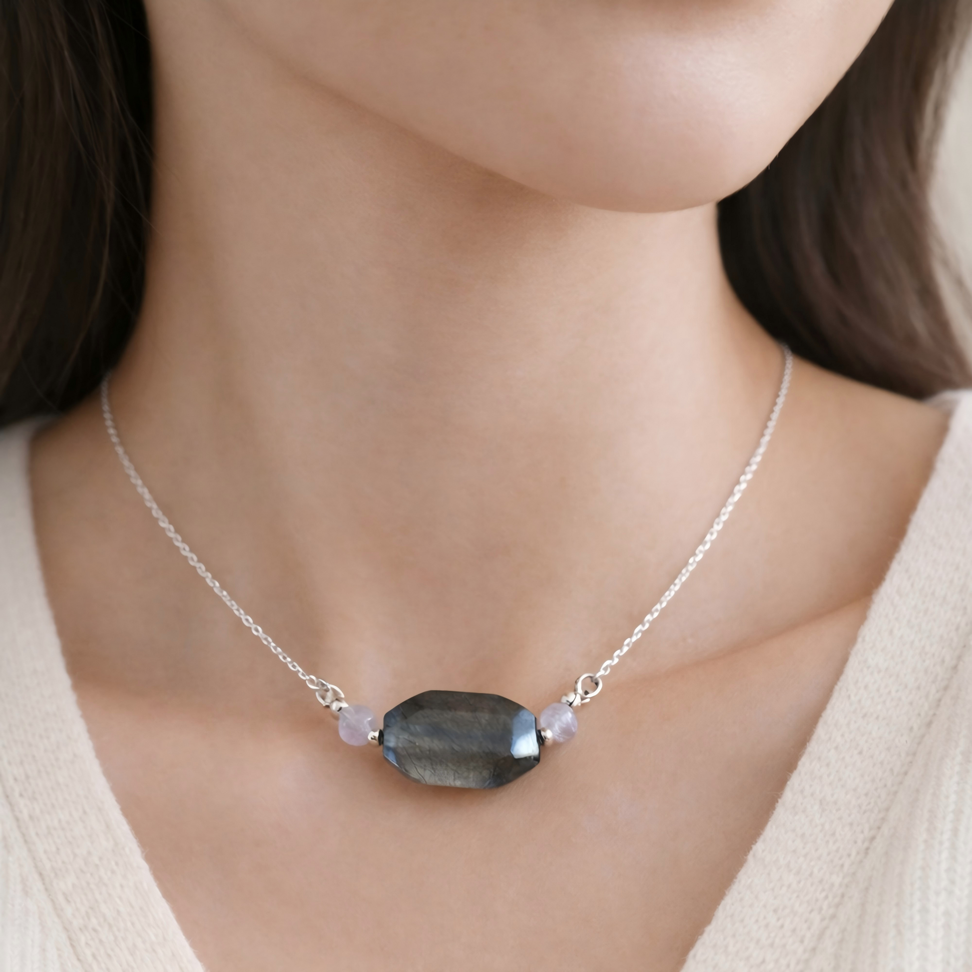 rabbit hair quartz necklace worn on neck1