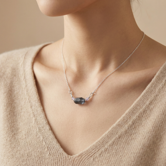 rabbit hair quartz necklace worn on neck3